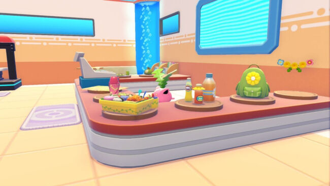 Стол с напитками фруктами и игровой приставкой Pokémon Pokopia