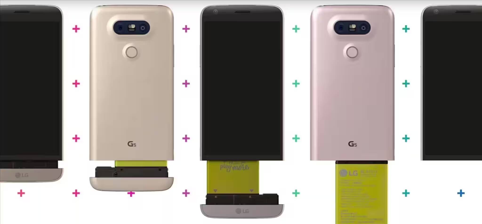 Изображение показывающих разные части смартфона LG G5 задняя крышка и аккумулятор