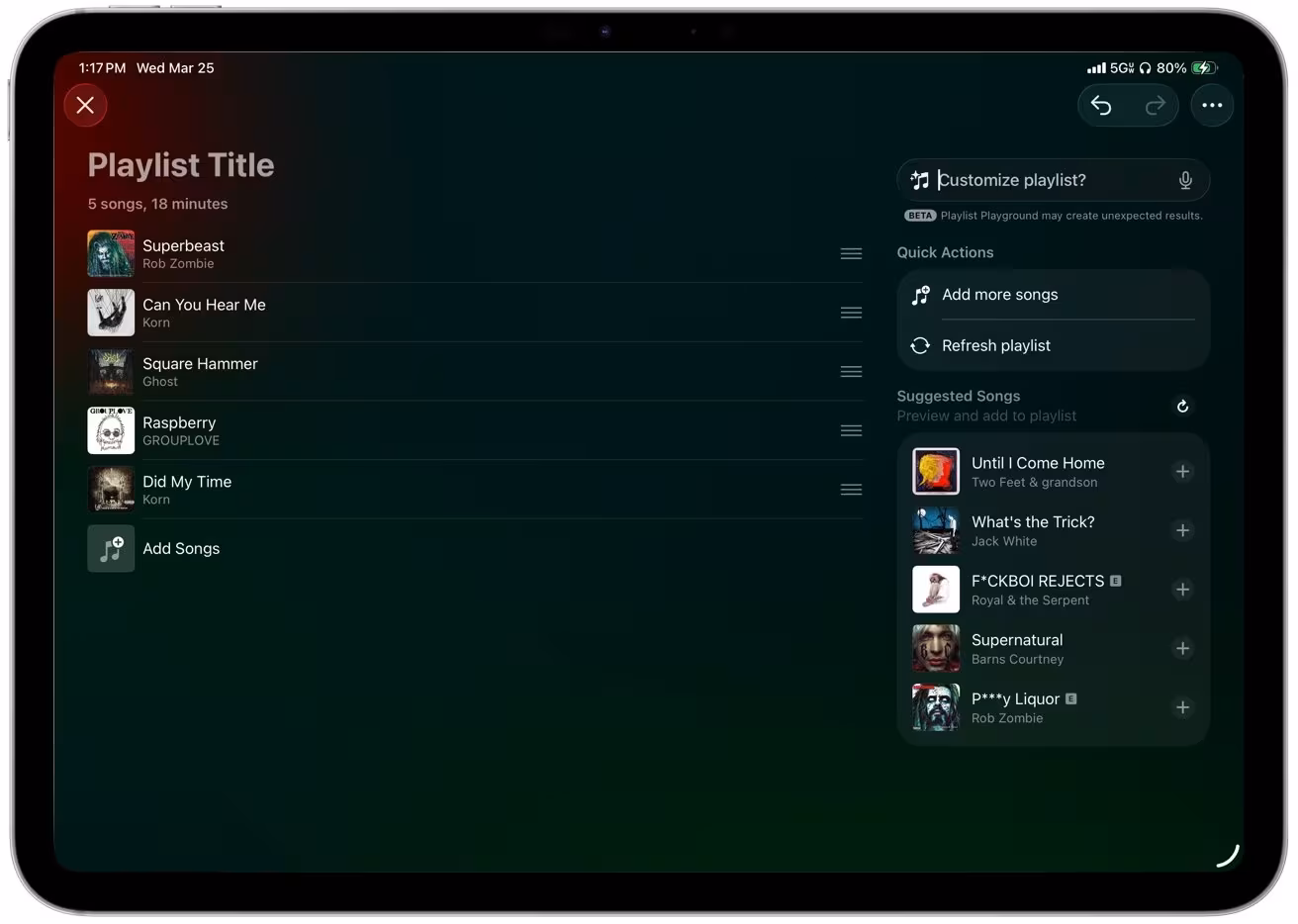 Apple Music запустила Playlist Playground для быстрого создания плейлистов 5 Tablet screen showing dark-themed Apple Music app with playlist and suggested songs