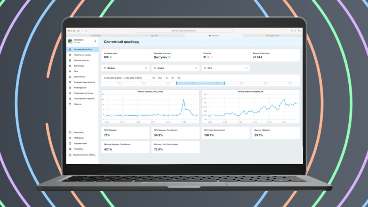 Экран ноутбука с интерфейсом Яндекс Stackland системы мониторинга