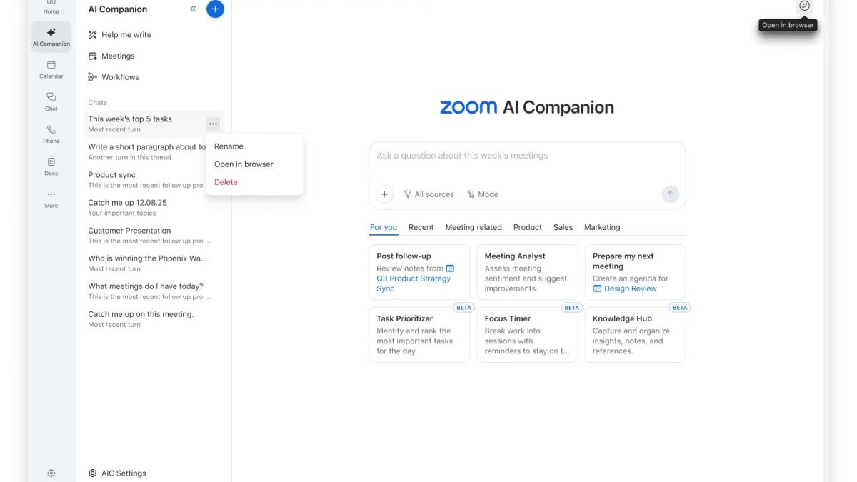 Меню управления задачами в интерфейсе Zoom AI Companion