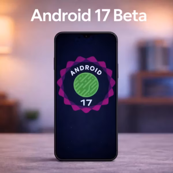 Смартфон с экраном и логотипом Android 17 Beta