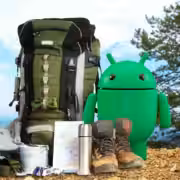 android mascot next to a hiking backpack with some adventure gear around