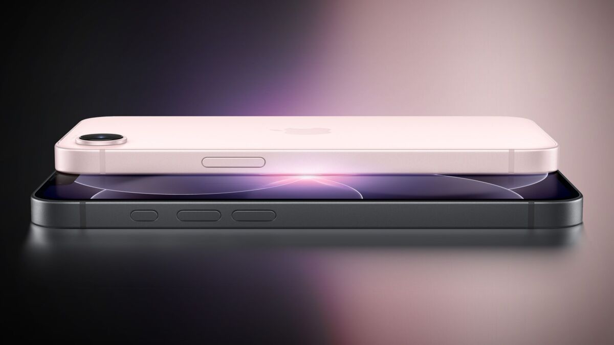 Чёрный и розовый iPhone 17e с торца и кнопками