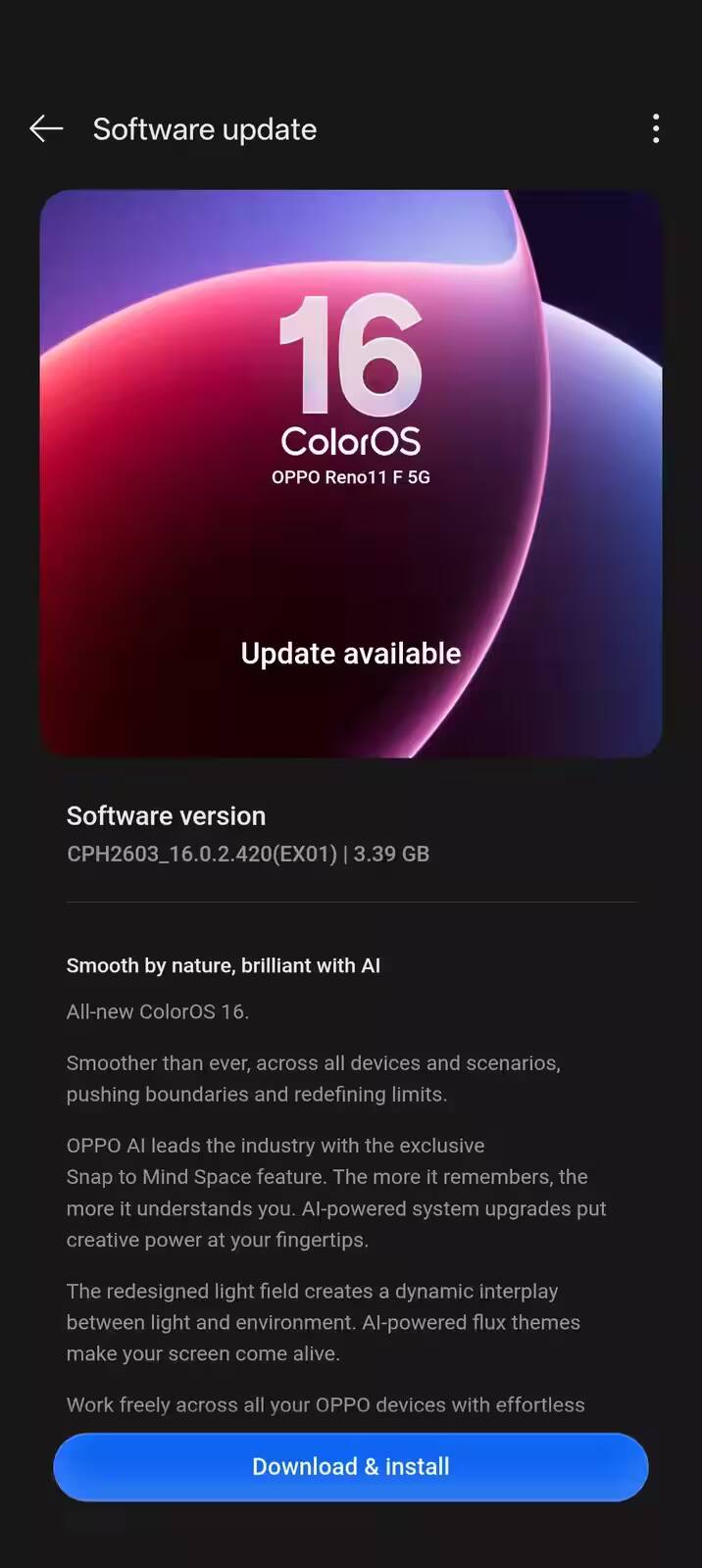 экран смартфона OPPO Reno11 с обновлением ColorOS 16