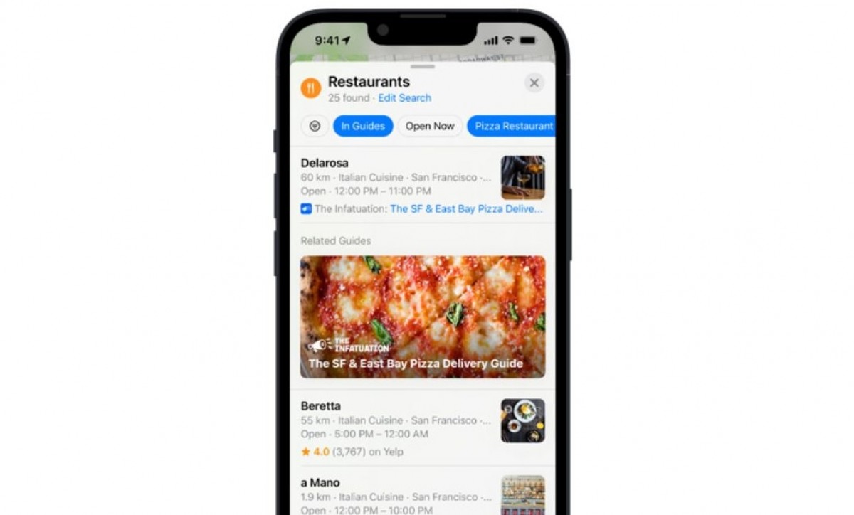 Экран смартфона с картой и списком ресторанов в Apple Maps