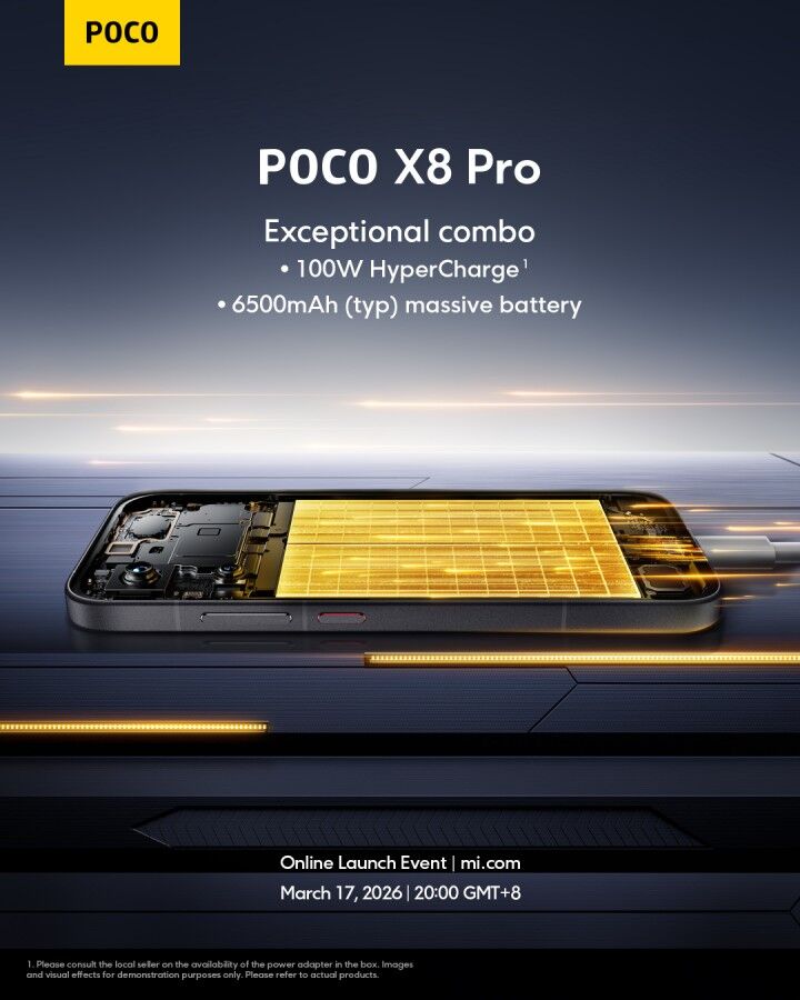 Разобранный смартфон POCO X8 Pro с ярко-золотой батареей
