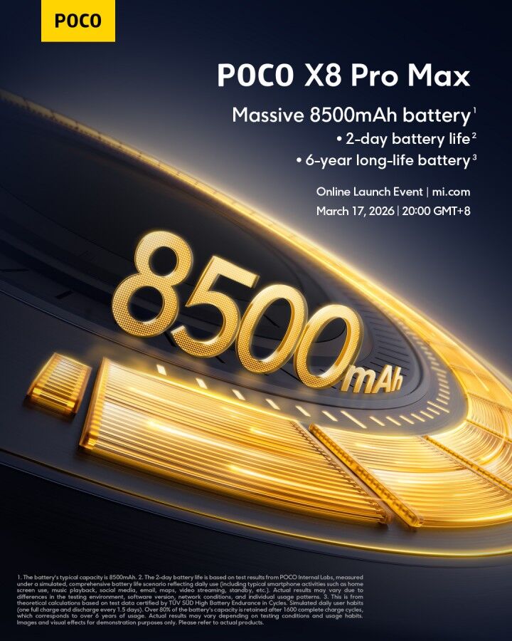 Рекламный баннер для POCO X8 Pro Max с указанием батареи 8500 мАч
