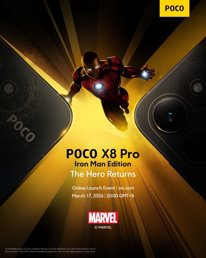 Рендер смартфона POCO X8 Pro с изображением Iron Man