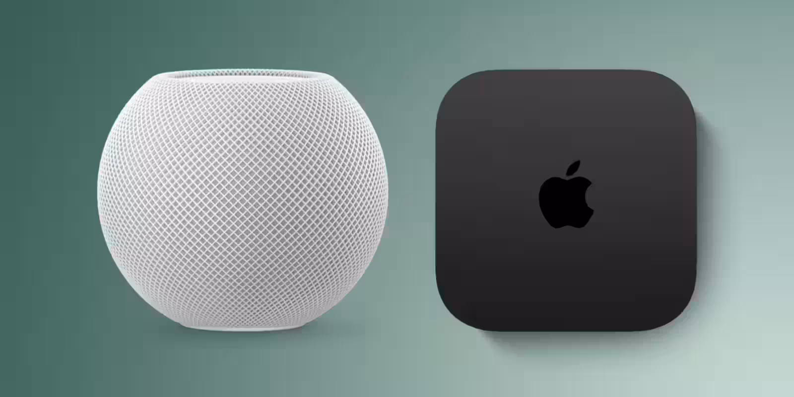 Домашняя колонка HomePod и приставка Apple TV 4K на зеленом фоне