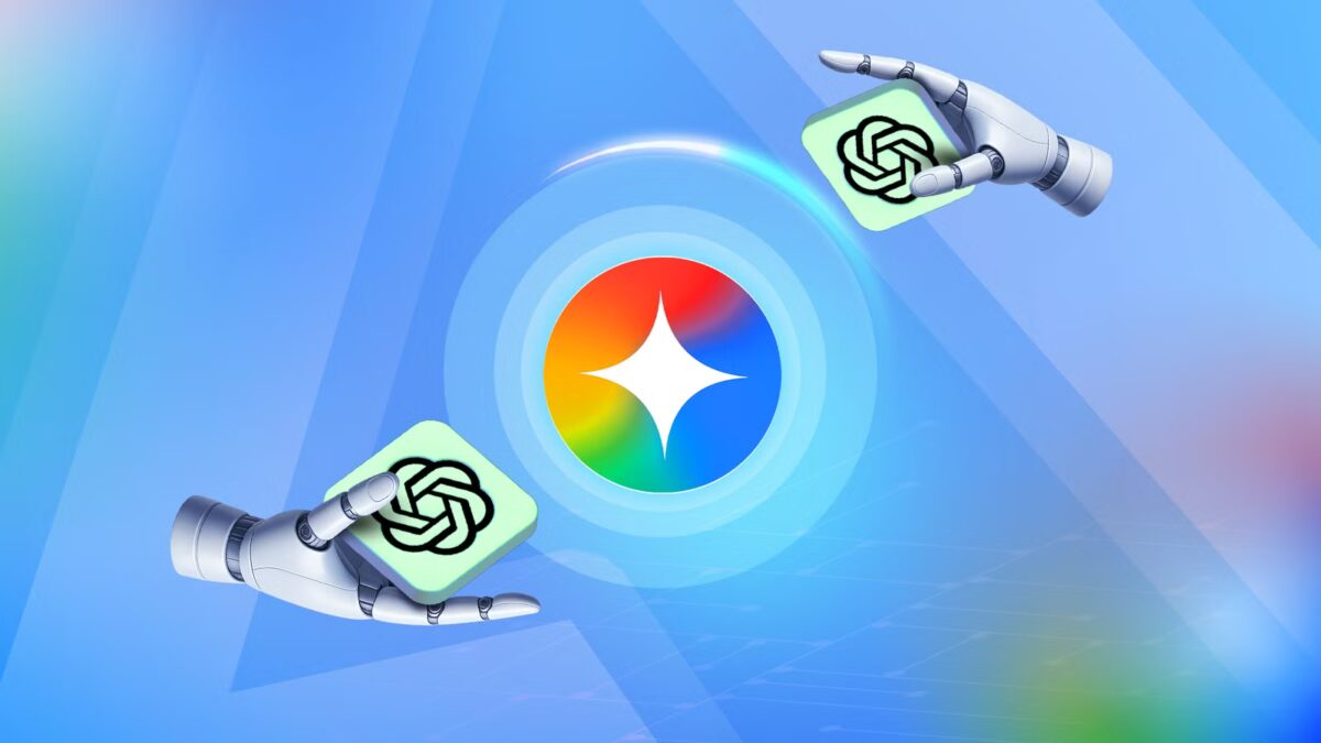 illustration showing two robotic hands holding chatgpt logo towards a central glowing google gemini icon