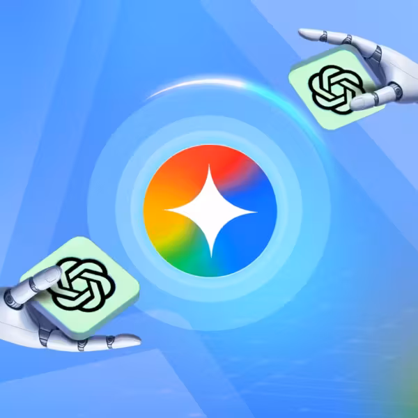 illustration showing two robotic hands holding chatgpt logo towards a central glowing google gemini icon