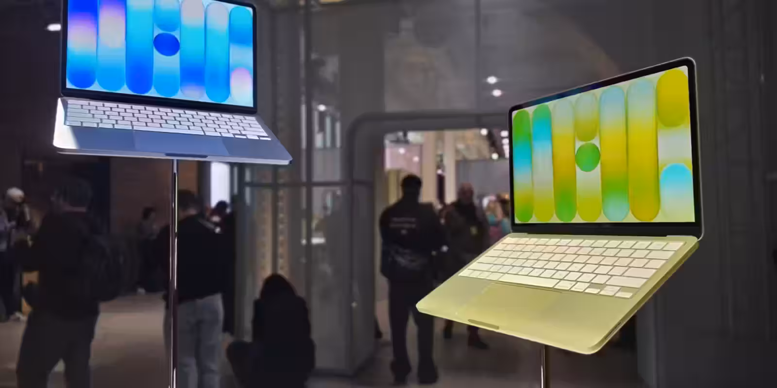 Дисплей MacBook Neo с ярким зелёным и голубым цветами