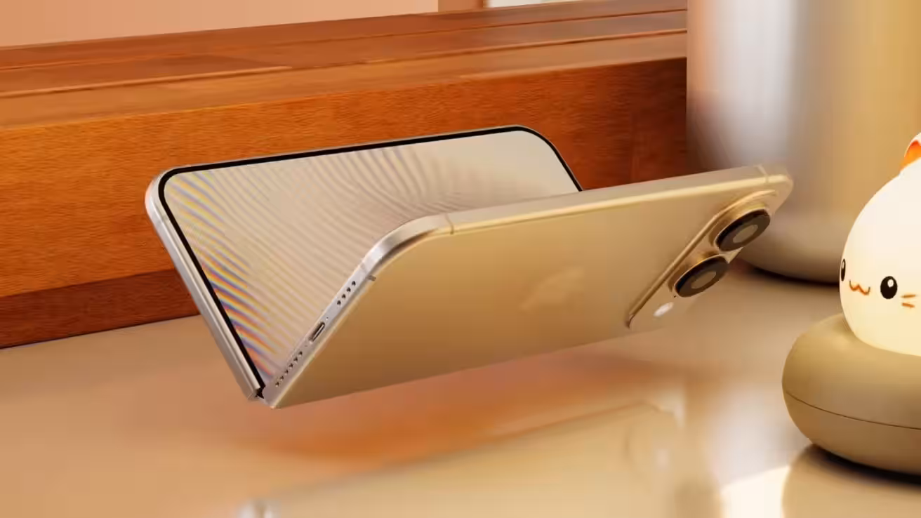 Золотой складной iPhone Fold на деревянной полке