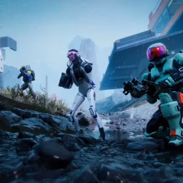 Группа роботов в футуристической среде на мокрой поверхности