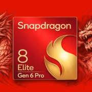 Логотип Snapdragon 8 Elite Gen 6 Pro со змеями дракона на красном фоне