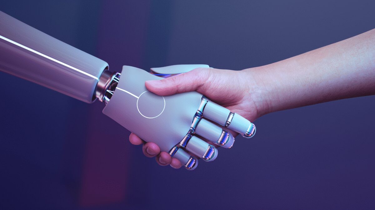 robot handshake human background futuristic digital age 1 min