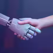 robot handshake human background futuristic digital age 1 min