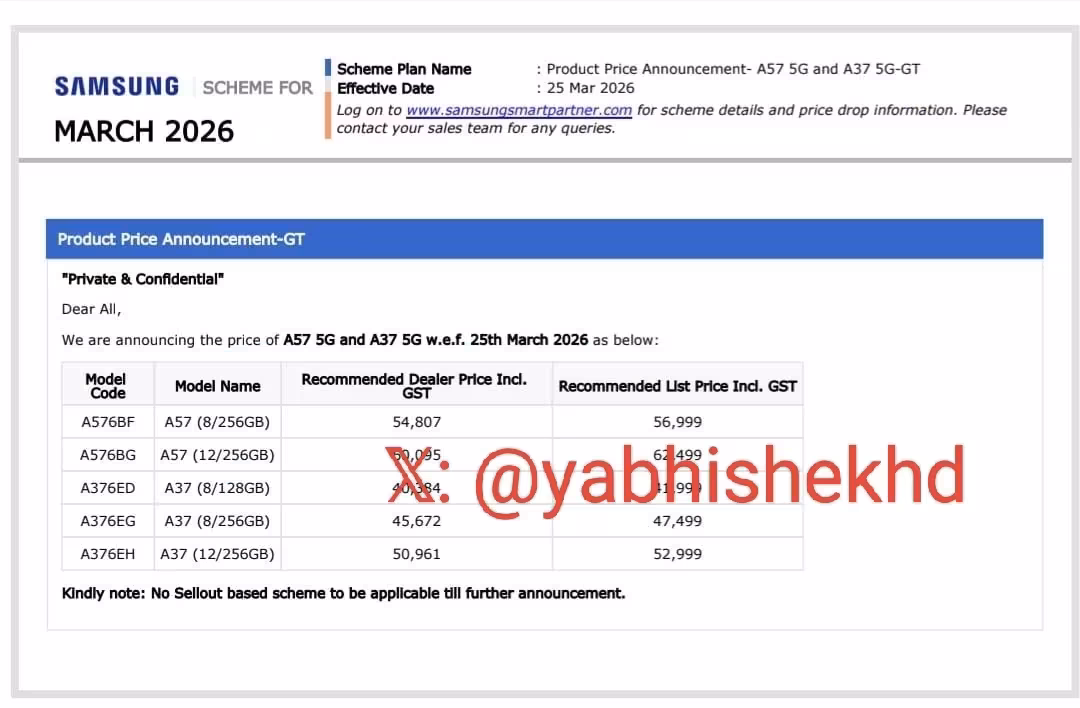 Внутренняя информация Samsung India о ценах Galaxy A57 и A37