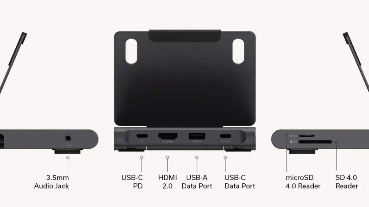 Угловой вид складной док-станции для iPad Pro и Surface Pro