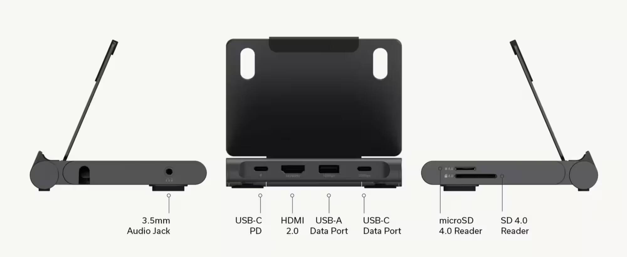 Угловой вид складной док-станции для iPad Pro и Surface Pro