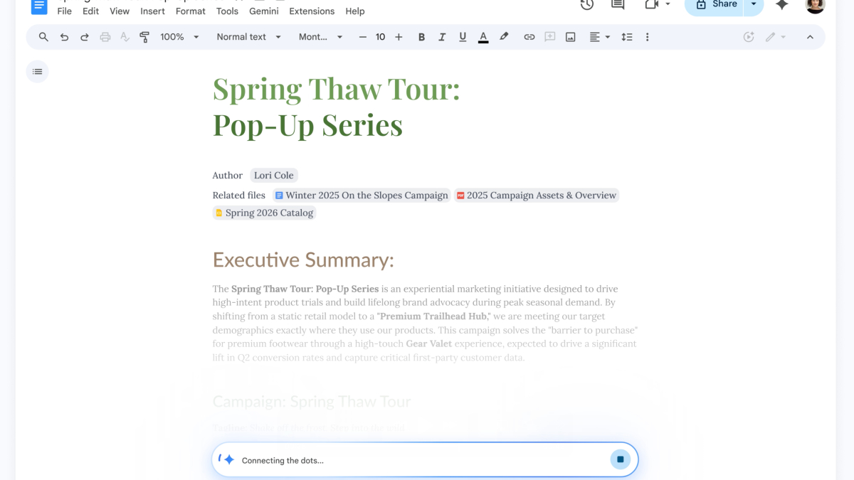 Экран документа Google Документы с выделенными файлами и текстом