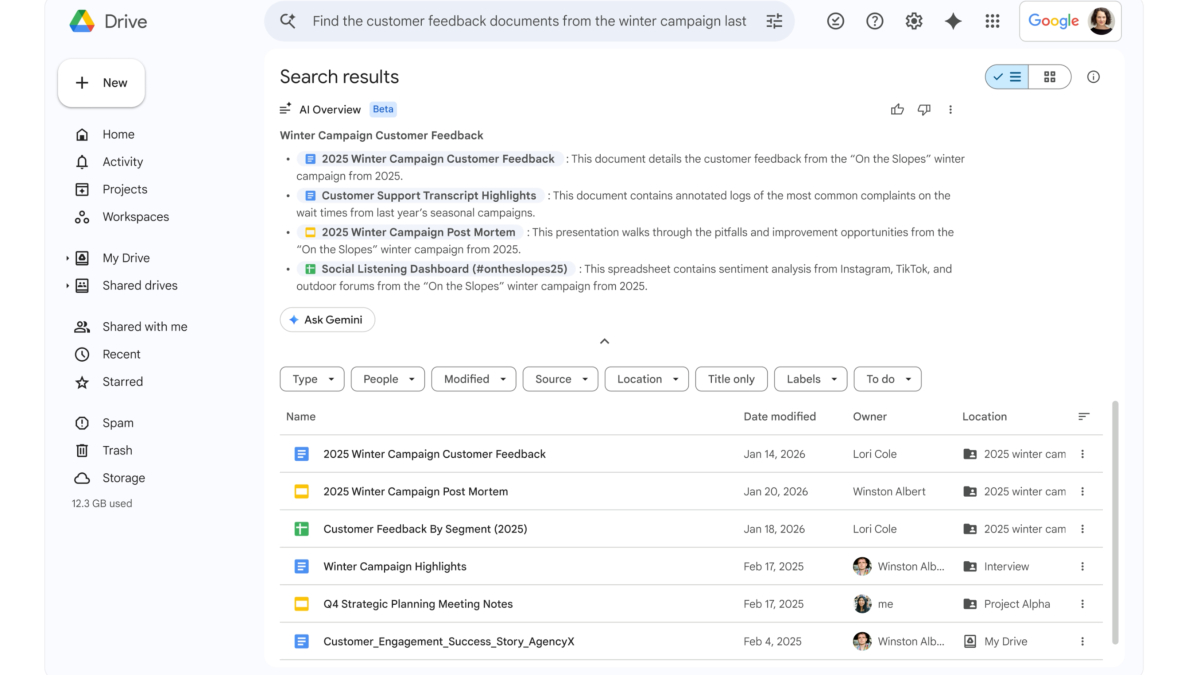 Интерфейс поиска результатов документов в Google Drive с выделением документов