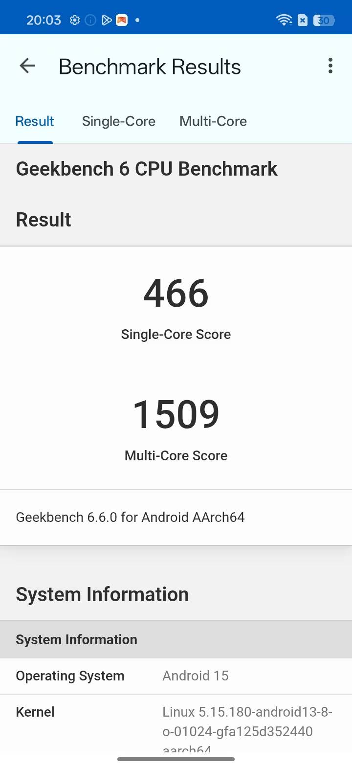 Результаты теста Geekbench 6 для смартфона Realme C85 показывают однопоточные 466 и многопоточные 1509 баллов
