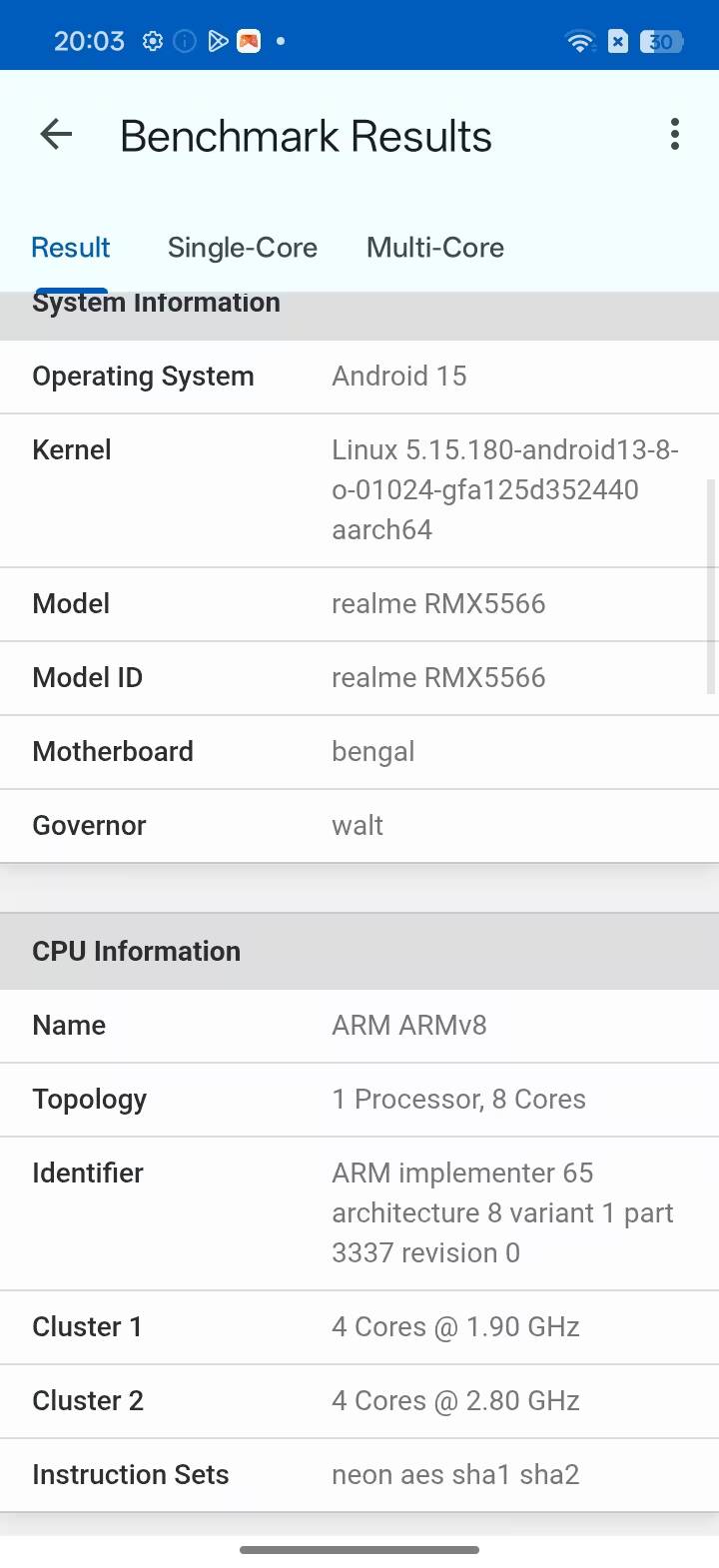Результаты бенчмарка Realme C85 на базе Android 15 с восьмиядерным процессором ARM ARMv8
