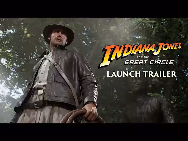 Кадр из трейлера игры Indiana Jones и Great Circle изображение персонажа исследователя с шляпой и лассо на фоне леса