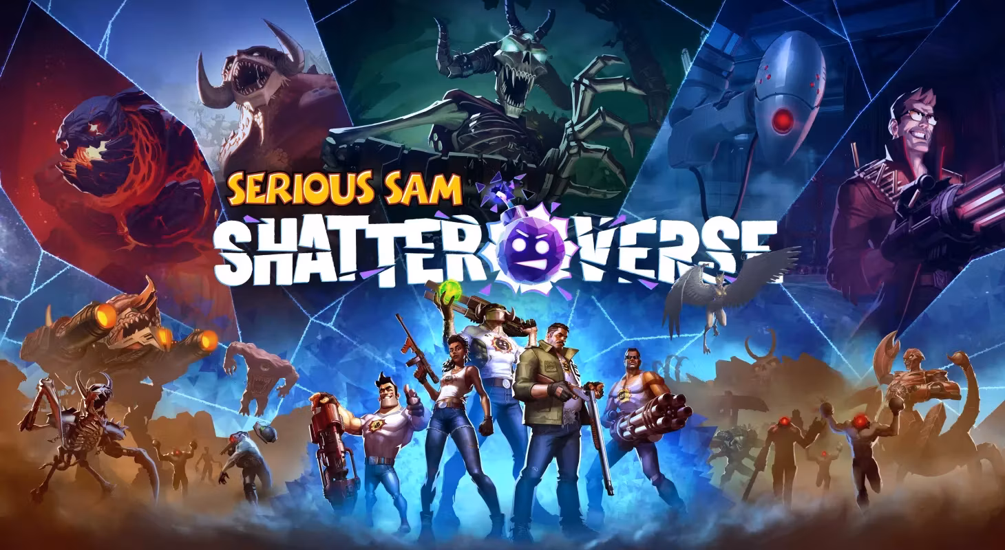 Обложка игры Serious Sam Shatterverse с героическими персонажами и монстрами