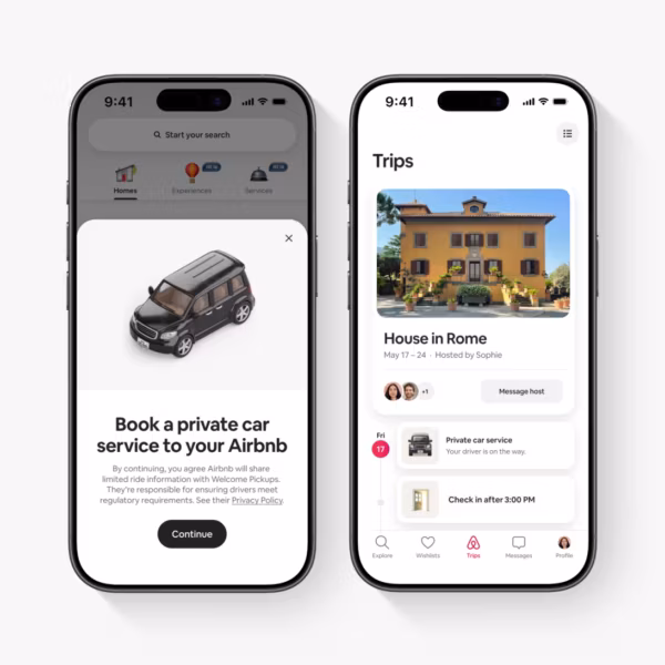 Два экрана мобильных приложений Airbnb для заказов на авто и путешествий
