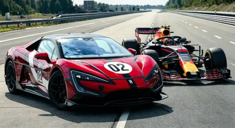 Два гоночных автомобиля Формулы 1, один Ferrari и один Red Bull