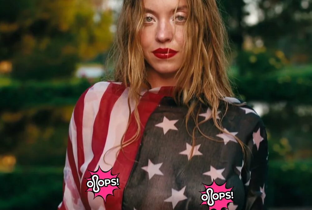 Сидни Суини в одежде с флагом США и надписью Oops