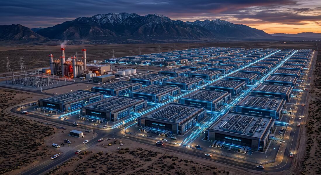 Массивный датacenter Stratos в Юте ночное время