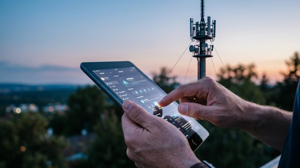 Мужчина использует смартфон для проверки тарифов операторов связи на фоне телекоммуникатора