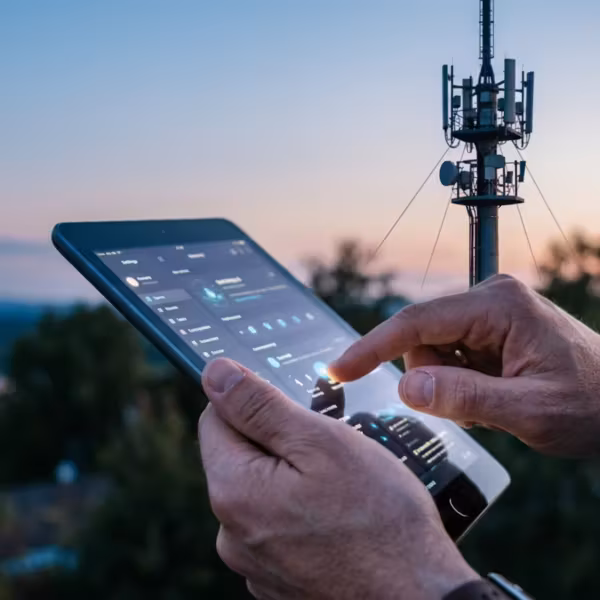 Мужчина использует смартфон для проверки тарифов операторов связи на фоне телекоммуникатора