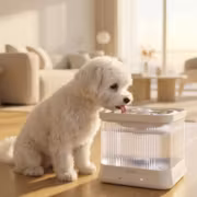 щенок белой породы пьёт из умной поилки-фонтана для собак