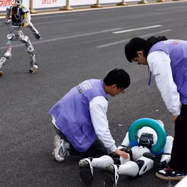 Двое человек и робот-аватар на дороге в Китае