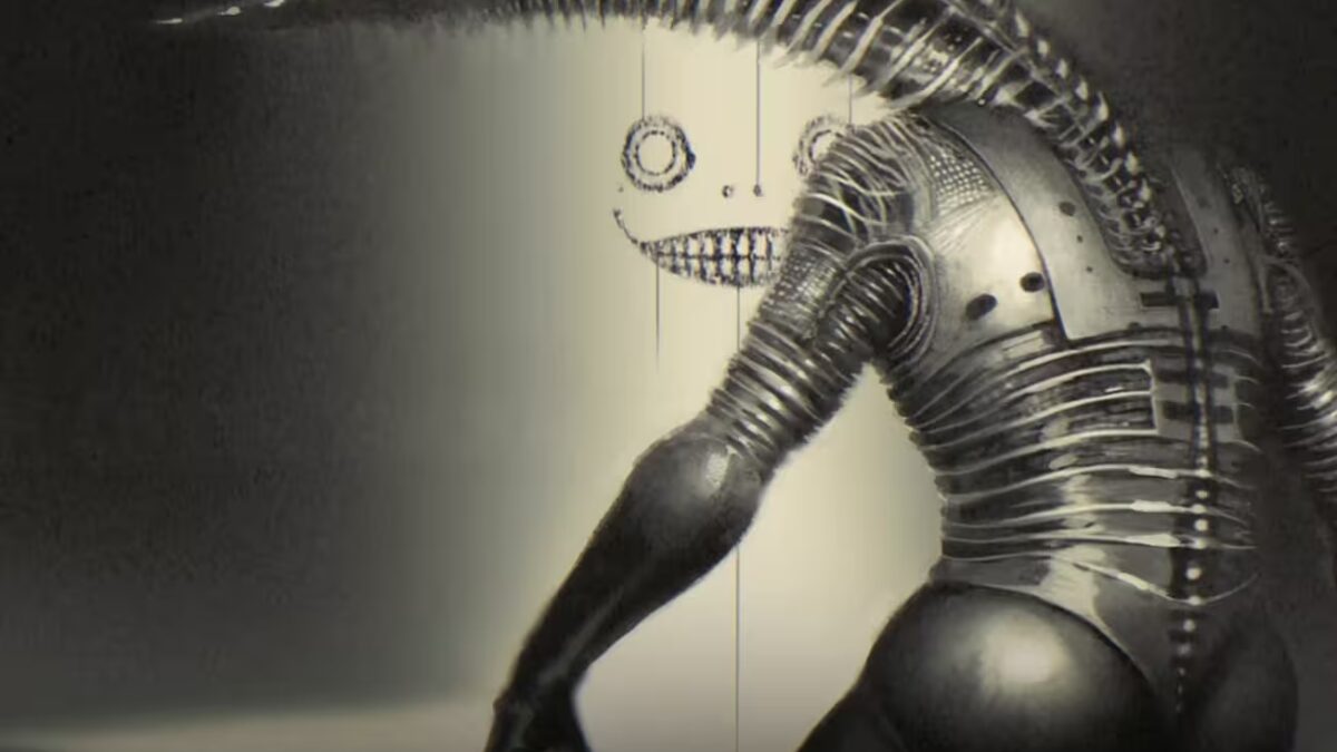 Анимированный робот в стиле NieR с металлическим телом светящимися глазами