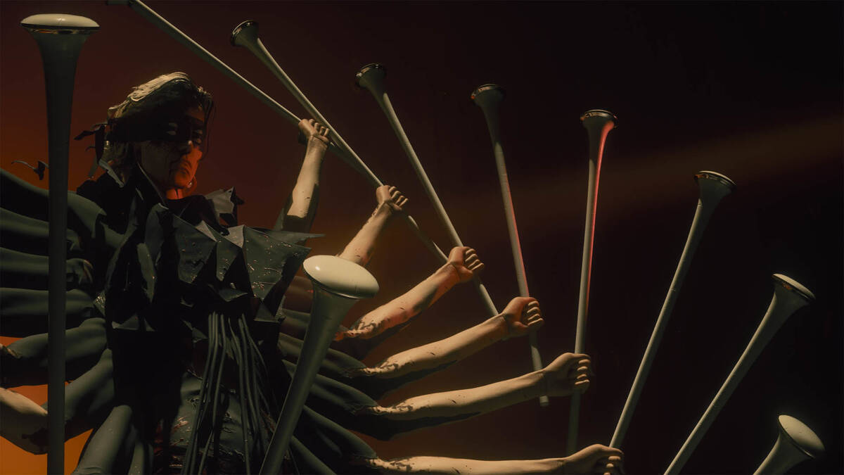 Статуя с множеством рук и труб в темной обстановке