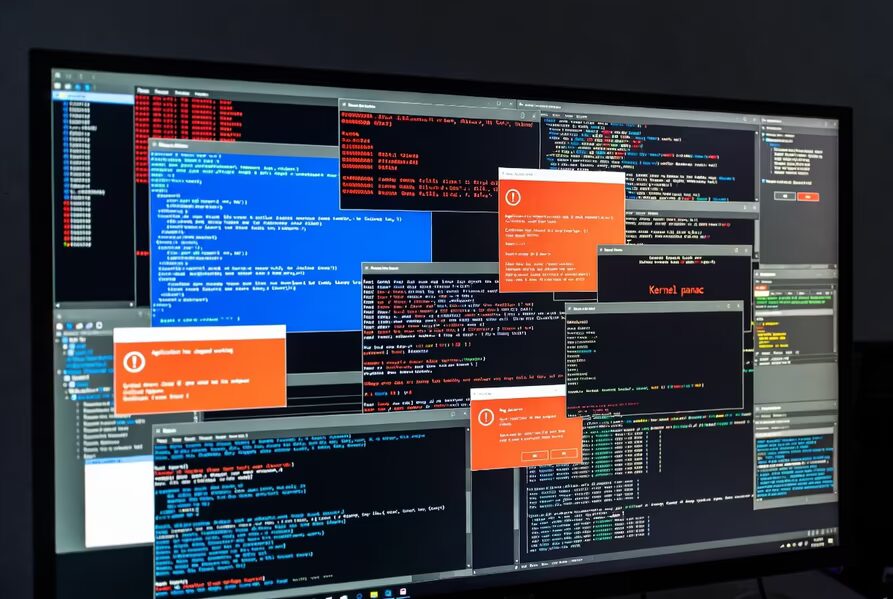 Экран компьютера с множеством ошибок и сообщений о сбоях