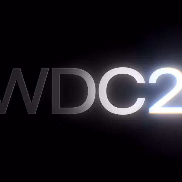 Текст WWDC26 с сияющими эффектами на тёмном фоне