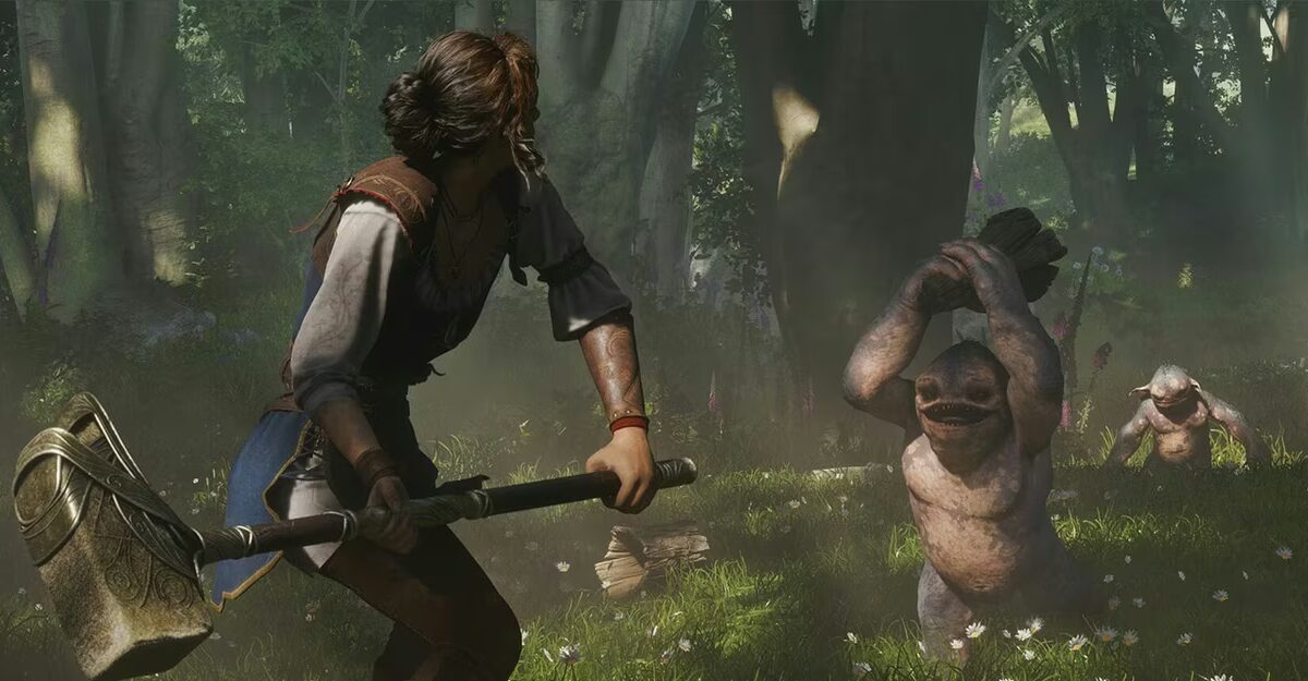 герой с топором сражается с монстрами в лесу