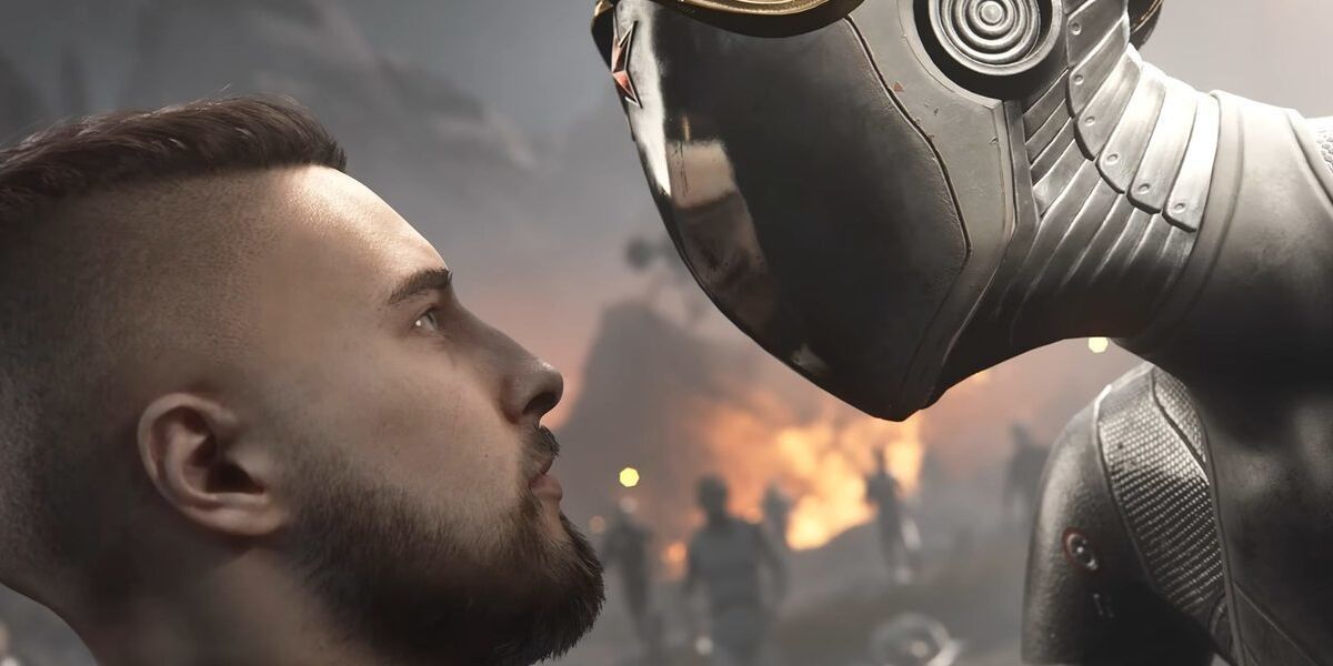 Мужчина и робот лицо в лицо close-up в дыму