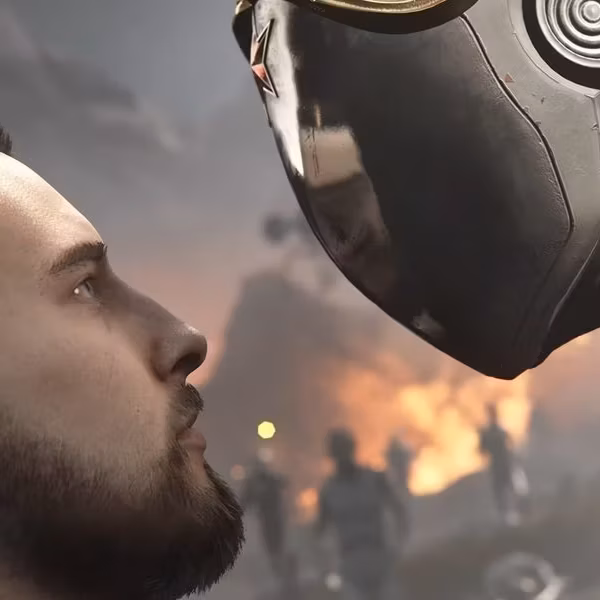 Мужчина и робот лицо в лицо close-up в дыму