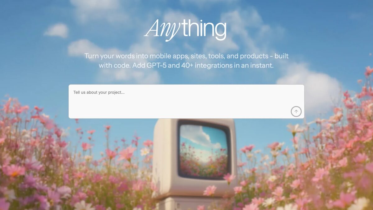 главный экран сайта Anything с цветущими цветами и техника Apple