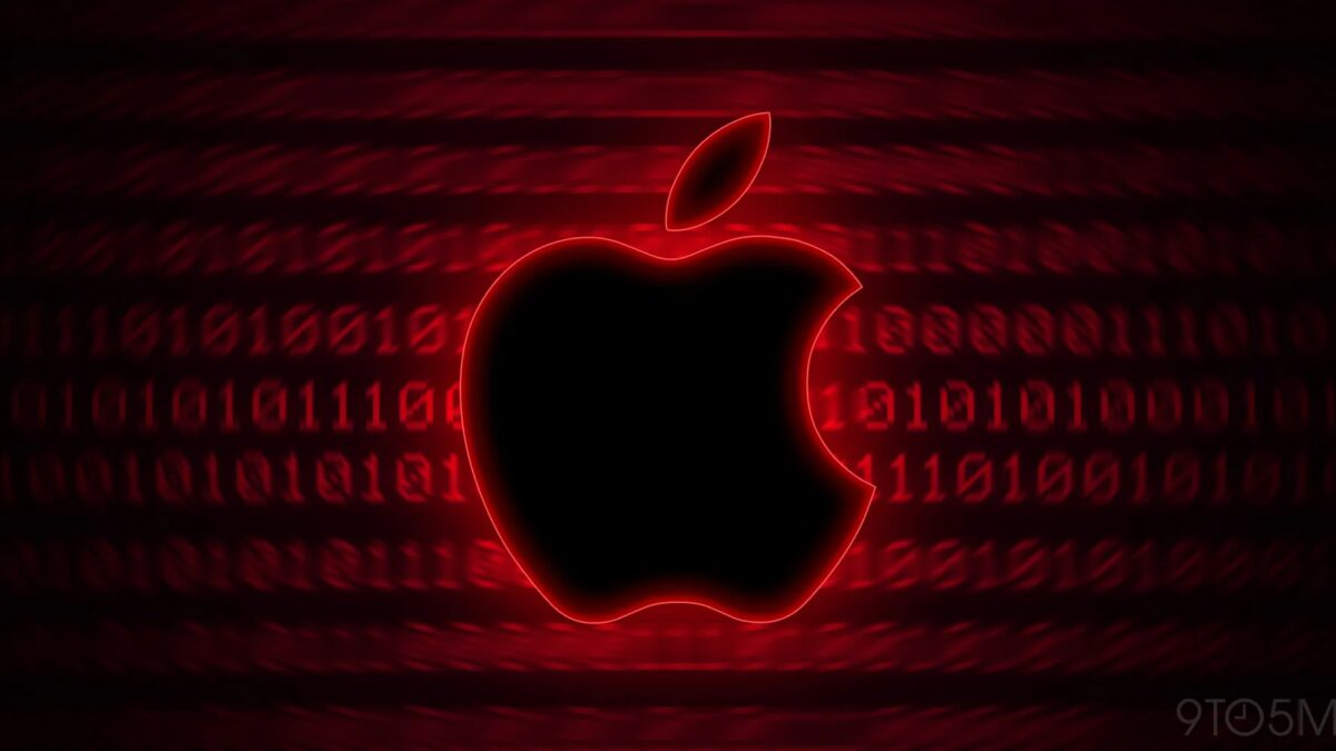 Логотип Apple в центре с красной подсветкой на фоне бинарных чисел