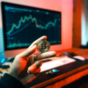 Человек держит биткоин с графиком на мониторе Мосбиржа криптовалюта