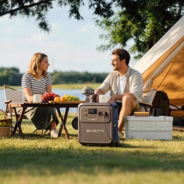 Два человека отдыхают у палатки на берегу реки с электростанцией Bluetti Elite 400 XXL